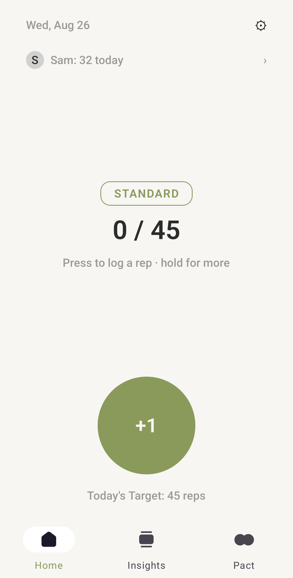 PushPact home screen — tap to log a rep, with today's level and target