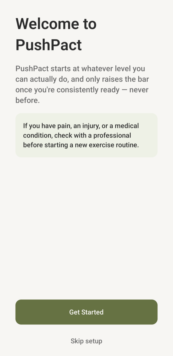 PushPact welcome screen with a safety note before starting