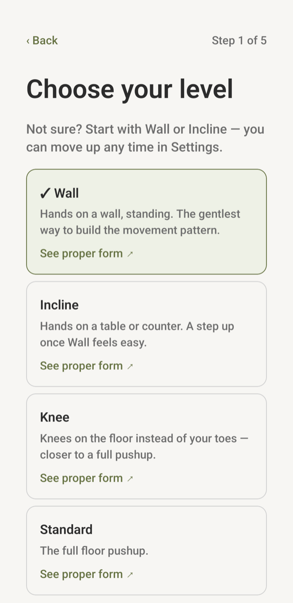 PushPact level picker — Wall, Incline, Knee, or Standard