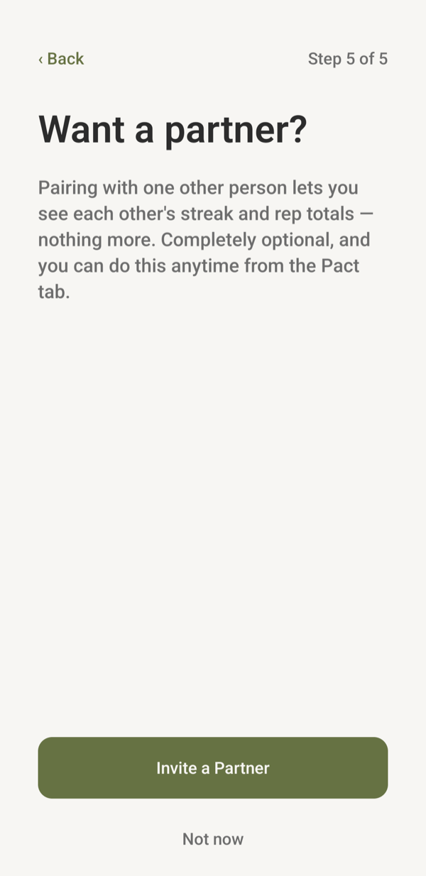 PushPact onboarding screen offering to invite an accountability partner